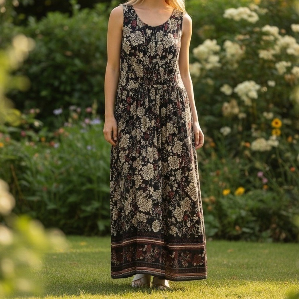 Garnet Hill Maxi Dress Womens Large Floral Sleeveless Faux Wrap‎ Pockets Comfort